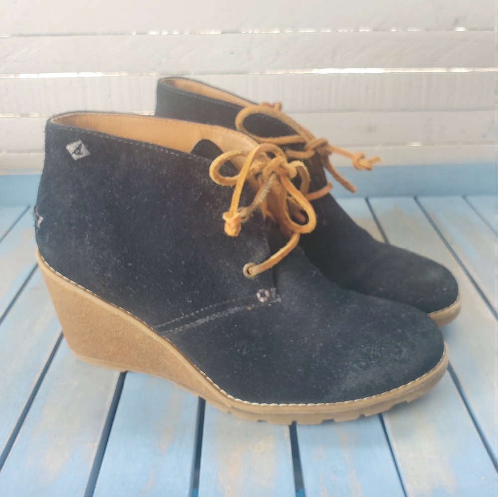 SPERRY TOPSIDER HARLOW WEDGE HEEL BOOT BLACK SUEDE LEATHER SIZE 7 EUC